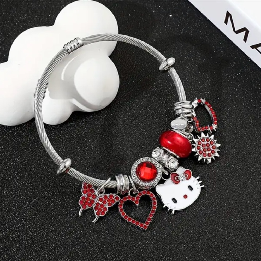 Hello Kitty Charm Bracelet with Red Accents & Silver Cable Bangle - Picture 2 of 6